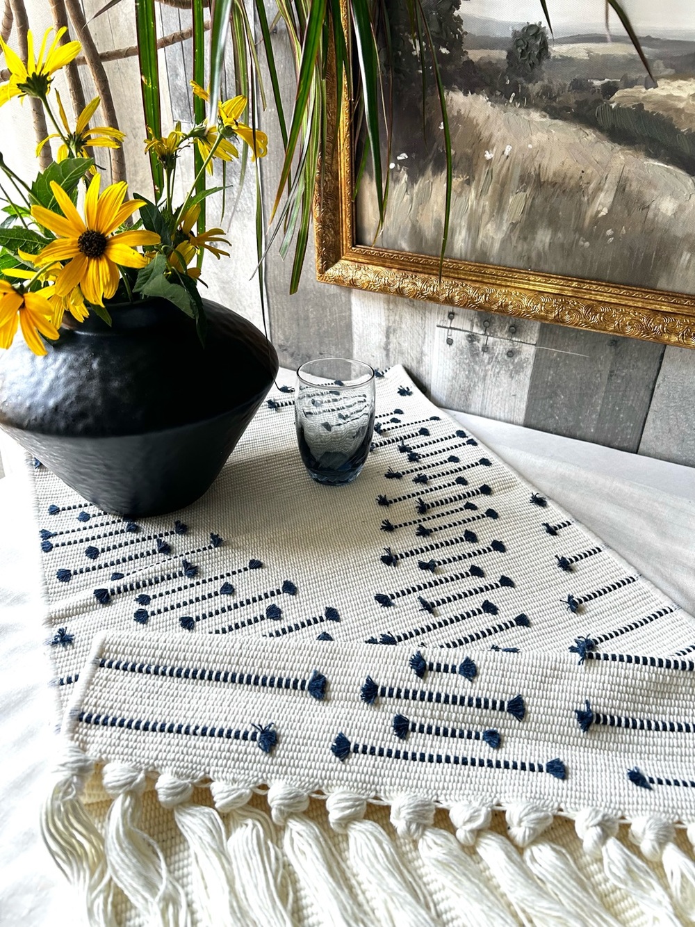 🌴Attractive Table Runner W/Boho Flair | White(cream) & Navy Blue | Kirkton